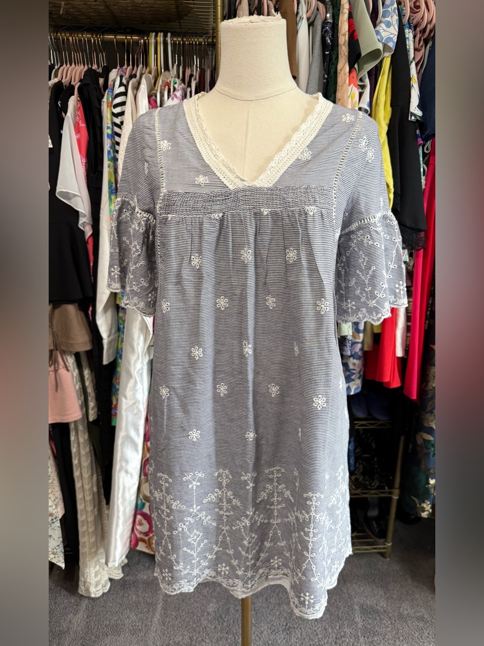 Zara TRF Embroidered Striped Tunic Mini Dress Crochet Lace V-Neck Boho